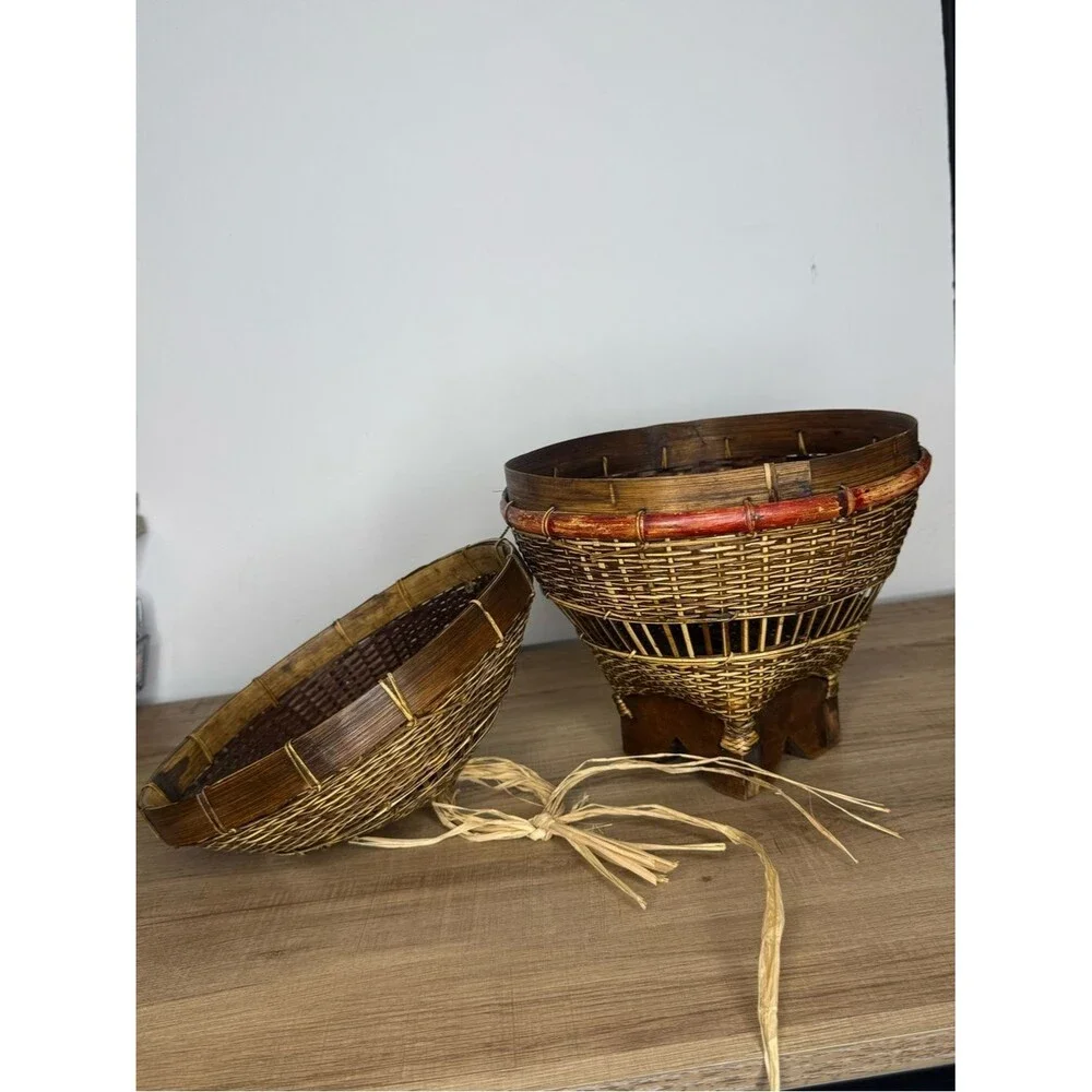 Vintage Balinese Fishing Basket with Red Accent